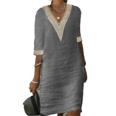 Imagem de Vestido casual IVERIRMIN, decote em V, algodão, linho e acabamento em 