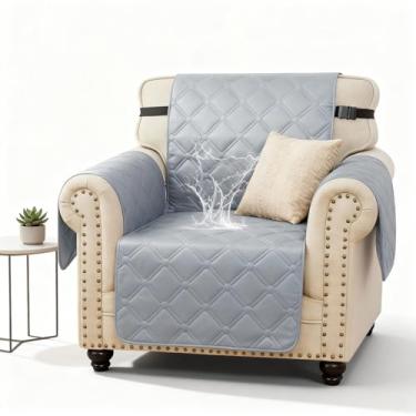 Imagem de XINEAGE Capa de poltrona impermeável, capa de sofá de 1 lugar com alças elásticas e bolsos, proteção tripla antiderrapante, capa de sofá lavável para animais de estimação e crianças (cadeira de 59,7