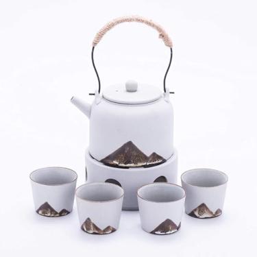 Imagem de JOEUQK Conjunto de saquê estilo japonês com aquecedor, conjunto de saki quente de cerâmica tradicional incluindo 1 fogão de vela, 1 pote de saquê, 4 copos de saquê, preto, com bandeja