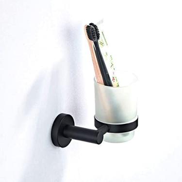 Imagem de Conjunto de acessórios de banheiro preto suporte de escova de vaso sanitário rolo de papel toalha trilho de prateleira de vidro fosco saboneteira gancho de parede rack de secador de cabelo, suporte de