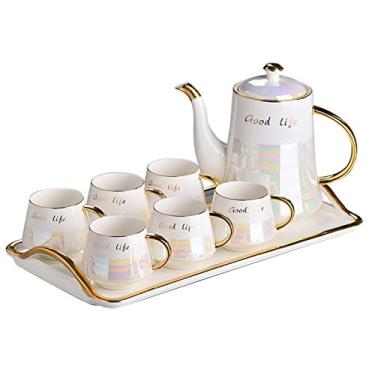 Imagem de Conjunto de chá de porcelana conjunto de chá da tarde serviço moderno canecas de café conjunto de xícaras com bule de chá e 6 xícaras de chá de casamento