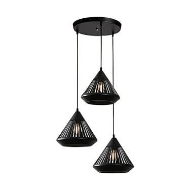 Imagem de YQSLQZZ Lustre de sala de jantar de 3 luzes, luminária pendente de casa de fazenda preta vintage com sombra de gaiola industrial cozinha ilha luzes de teto suspensas, altura ajustável