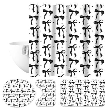 Imagem de Conjunto de 4 peças de cortinas de chuveiro fofas para banheiro, kit multifuncional para hotel, apartamento, dormitório, trailer, trailer (preto, laço)