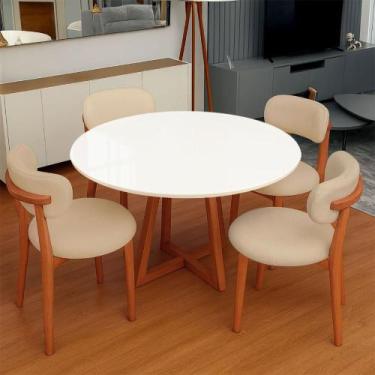 Imagem de Mesa de Jantar 115cm Redonda c/ Tampo de Vidro e 4 Cadeiras em Madeira