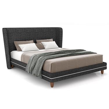 Imagem de Cabeceira King Nilo 195cm Com Cama Pés Madeira Suném P05 Linho Cinza Escuro - Lyam Decor