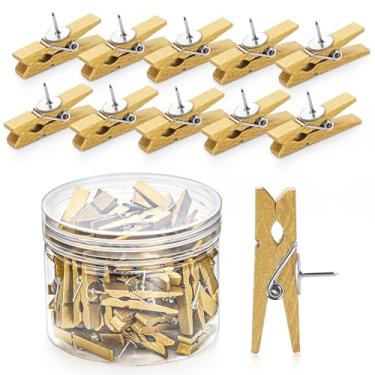 Imagem de GOOLADA 50 peças de grampos de pressão de madeira dourados, prendedores fofos de prendedor de roupa, tachas decorativas de madeira para quadro de avisos, quadro de rolha, parede de fotos, artesanato