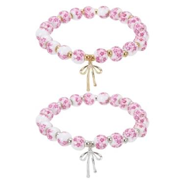 Imagem de PATIKIL Pulseira feminina de contas com pingente de laço, 2 peças, pulseira de cristal vintage com contas rosa e cordão elástico feito à mão com bolsa de veludo para joias de presente, rosa