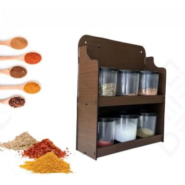 Imagem de Prateleira Porta Condimentos Suporte Em Madeira Porta Tempero de Parede 12 Potes de Plástico(PEQUENO (COM 6 POTES) Marrom)