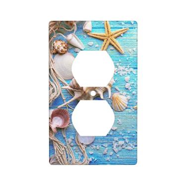 Imagem de Placa de parede de receptáculo de dispositivo duplex de 1 gangue, tema de praia, concha de mar, decorativa, de madeira, frente e verso, capas de tomada elétrica, tamanho 11,4 x 7 cm