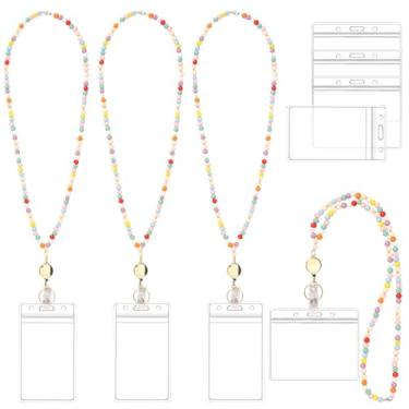 Imagem de 4 cordões de professor com suporte de identidade, cordões de pescoço para porta-crachás de identificação, carretel de crachá bonito retrátil para chaveiros, cartões, óculos femininos, enfermeiras