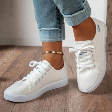 Imagem de Tênis feminino moderno de lona, casual, cano baixo, cadarço e caminhada, Branco, 37
