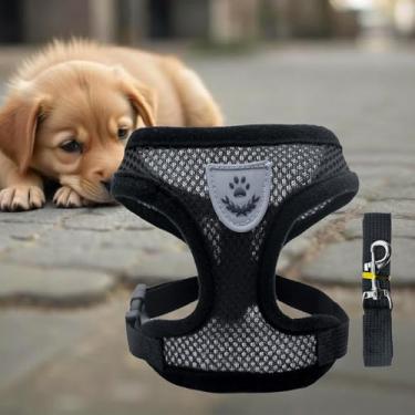 Imagem de Peitoral pequeno para gatos e cães com coleira 1P prata etiqueta malha peitoral preto M (2,5-4 kg)