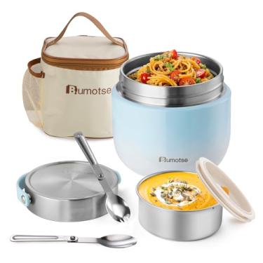 Imagem de Bumotse Frasco térmico de 1,134 g com 2 compartimentos, garrafa térmica à prova de vazamento para comida quente, aço inoxidável, inclui colher e garfo, recipientes térmicos de almoço para sopa, caixa