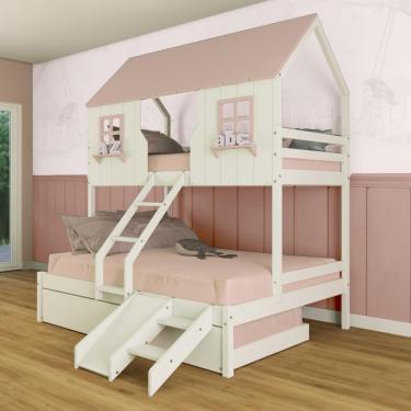 Imagem de Treliche Casal/ Solteiro Casinha Encantada Com Kit Escada/ Escorregador Madeira Maciça Branco/ Rosa Megamobilia