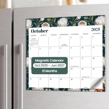 Imagem de Aesthetic Calendário magnético 2025-2026 para geladeira, ímã de calendário de geladeira de 21 meses de outubro de 2025 a junho de 2027, fácil organização, floral luxuoso