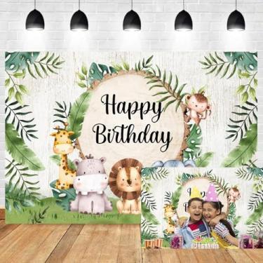 Imagem de Pano de fundo de aniversário de animais selvagens de 3 x 2,1 m para meninos e meninas, decoração de festa de feliz aniversário, folhas verdes tropicais, zoológico, safári, tema animal, decoração de