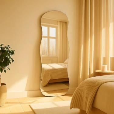 Imagem de Espelho de corpo inteiro de 110x50cm com acabamento polido orgânico, com suporte, adequado para guarda-roupas, quartos, salas de estar, closets e corredores.