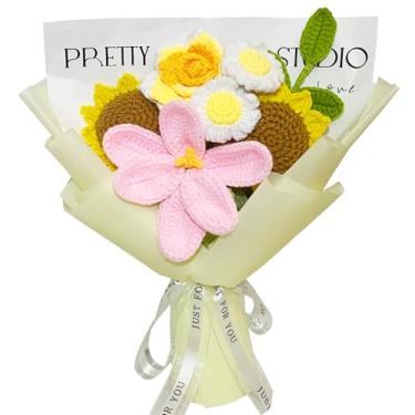 Imagem de YUNBIAOSEN Buquê de flores de crochê, buquê de malha feito à mão, girassóis tulipas, rosas, margaridas, buquê de casamento, decoração de casa, presente de aniversário para mulheres, esposas, amigas