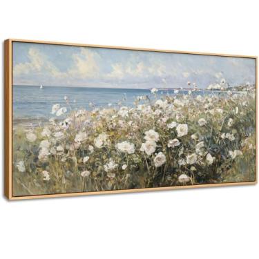 Imagem de Arte de parede emoldurada para decoração de quarto - fazenda praia litoral vintage floral oceano imagem margarida flores mar impressão em tela arte marítima para casa sala de estar sala de jantar