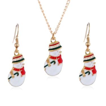 Imagem de Dtja Conjunto de joias de boneco de neve de Natal para mulheres, banhado a ouro, minúsculo, fofo, delicado, tema de inverno, pingentes de pingente, brincos de anzol, colar com pingente de ação de