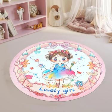Imagem de Lacomfy Tapete redondo infantil de desenho animado florista para sala de jogos rosa antiderrapante lavável adequado para quarto, sala de estar, quarto infantil, 1,2 m
