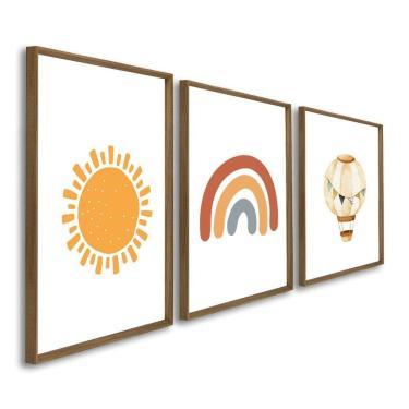 Imagem de Quadro Decorativo Infantil Sol Lua e Nuvens 3 Telas 60x90cm para Quarto Sala Brinquedoteca