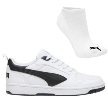 Imagem de Kit Tênis Puma Rebound V6 Low Original E Meia, 42, Branco, Preto, Masc
