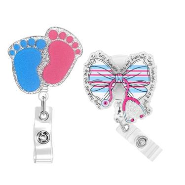 Imagem de Carretel de crachá de trabalho e entrega, 2 peças de carretel de crachá de enfermeira NICU com clipe de jacaré retrátil, suporte de crachá de laço fofo, presentes de enfermeira para enfermagem