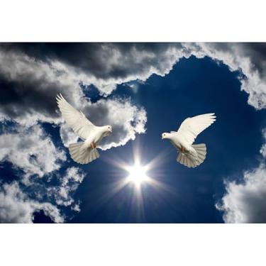 Imagem de Fundo memorial de 3 x 2,4 m para funeral, pombas brancas, céu azul, nuvem branca, luz sagrada, paraíso, céu, crença cristã, fundo de paz, para fotografia, banner, banner, foto