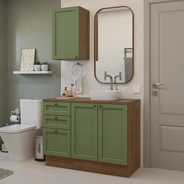 Imagem de Conjunto Gabinete para Banheiro 110cm 3 Gavetas 3 Portas Rustic/Verde Vik Madesa 01