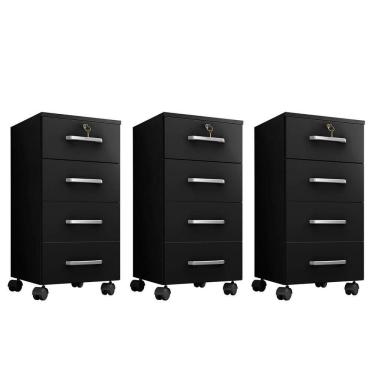 Imagem de Kit 3 Gaveteiros Escritório Chave E Rodízios 4 Gavetas Gávea Preto