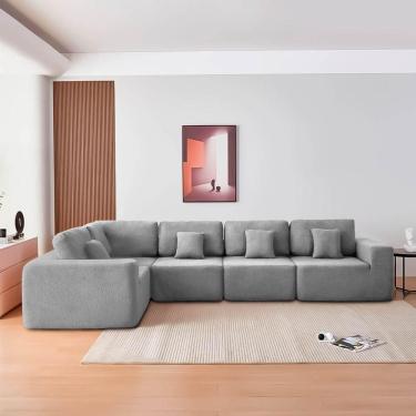 Imagem de Kit Sofá Modular 5 Lugares Moderno Curvo Orgânico Adapt Linho - Amarena Móveis Cinza Claro