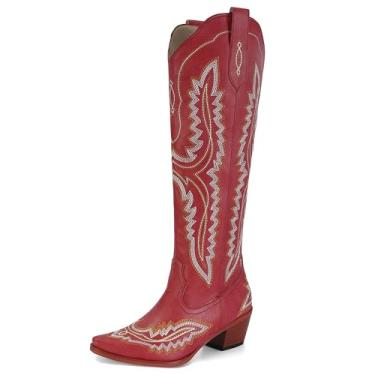 Imagem de SOVANYOU Botas femininas caubói ocidentais bico fino amêndoa salto bloco brilhante cowgirl bota alta, Bordado vermelho, 37