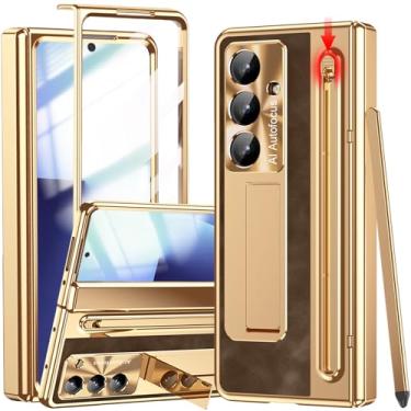 Imagem de YQODSZ Capa para Samsung Galaxy Z Fold 7 com suporte para caneta S e caneta Stylus, capa dobrável de couro PU com suporte protetor de tela embutido para câmera Z Fold7 dourado + café
