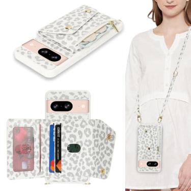 Imagem de Lipvina Capa para Google Pixel 8 com suporte de cartão e alça - bolso com zíper, alça transversal, porta-cartão de crédito, linda capa carteira de telefone para mulheres (leopardo branco)
