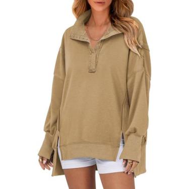 Imagem de Moletom SHEWIN casual, solto Henley, pulôver feminino, cáqui