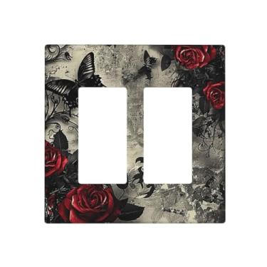 Imagem de JDAKHD Gótico Vintage Flora Escuro Romântico 2 Gang Decorativo Rocker Placa de Parede Misteriosa Retro Borboleta Preta e Rosa Vermelha Design Gfci Dimmer Capa de Interruptor de Luz Compatível para