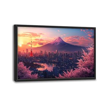 Imagem de Olivine Arte de parede grande japonesa, decoração de parede com imagens de cerejeira rosa, pintura Mount Fuji, impressões em tela de paisagem urbana japonesa, arte emoldurada para sala de jantar, sala