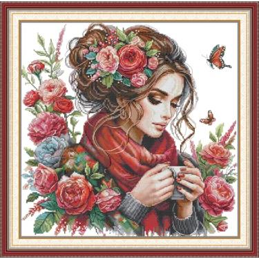 Imagem de CrossNest Kit de ponto cruz estampado de 16 quilates para iniciantes, conjunto completo de bordado DIY impresso em HD com padrão e ferramentas, pano Aida premium e fios (flor como menina)