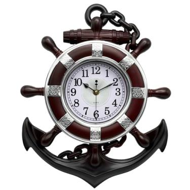 Imagem de Relógio âncora ao ar livre, relógio de parede com leme de roda náutica, relógio decorativo estilo praia mar para pátio, piscina, varanda (prata + marrom vermelho)