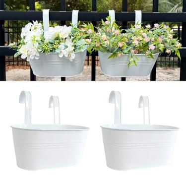 Imagem de Joyfernal Vasos de flores suspensos de 25,4 cm, pacote com 2 plantadores de metal branco para varanda e pátio, vaso de cerca de trilhos com gancho removível e orifício de drenagem para plantas