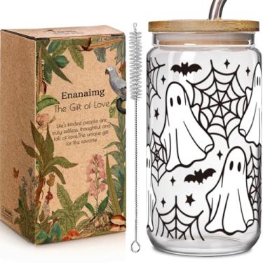 Imagem de Enanaimg Copos de vidro fantasma assustador de Halloween com tampas e canudos 473 ml presente para mulheres amantes de café, xícara de café gelada assustadora fofa, presentes engraçados de Halloween