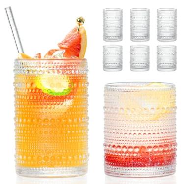 Imagem de FULGNU Hobnail Conjunto de 8 copos vintage de 425 g, copos de água vintage em relevo, copos de água vintage em relevo, copos altos para coquetéis, uísque, cerveja e suco