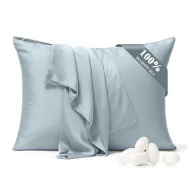 Imagem de BYDHZN Fronha 100% seda pura, pacote com 2 para cabelo e pele, ambos os lados 23 Momme grau 6A+ fronhas de seda amoreira com zíper oculto, fronhas refrescantes macias e suaves (cinza azul, padrão 50 x