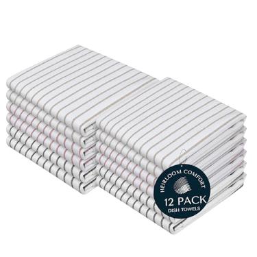 Imagem de HEIRLOOM COMFORT Toalhas de cozinha multicoloridas, pacote com 12, 100% algodão, conjunto de toalhas listradas clássico, panos de prato super absorventes e duráveis, tecido de secagem rápida para