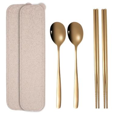 Imagem de Conjunto de pauzinhos e colheres banhados a ouro de luxo, 2 colheres, 2 pares de pauzinhos com estojos, utensílios de mesa de aço inoxidável 304 para viagem para casa e jantar em movimento