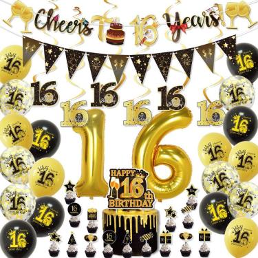 Imagem de Kit de balões de festa de aniversário de 16 anos | Dourado e preto