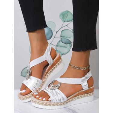 Imagem de Sandália feminina plataforma plataforma salto baixo elegante sandália aberta tira elástica no tornozelo verão sapatos confortáveis sandálias casuais, Branco, 35