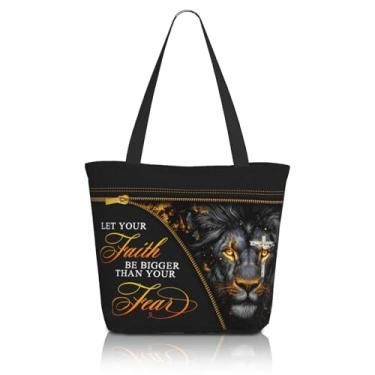 Imagem de Sacola Bíblica Feminina Cristã Bolsa de Ombro Igreja Inspiradora com Zíper Versículo da Bíblia Presentes, Leão preto, Large