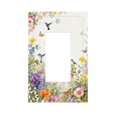 Imagem de SgEdao Capas decorativas em aquarela floral com beija-flores e borboletas 1 gangue balancim capas de interruptor de luz único Decora Gfci placa de parede arte botânica vibrante para decoração de casa